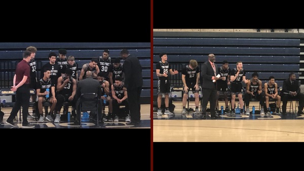 left picture, FSCC men's basketball gathered talking to coaches, right picture players and coaches cheering on other teammates.
